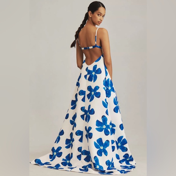 Sau Lee Lucia Maxi Dress in White and Blue Floral Print - Picture 3 of 16